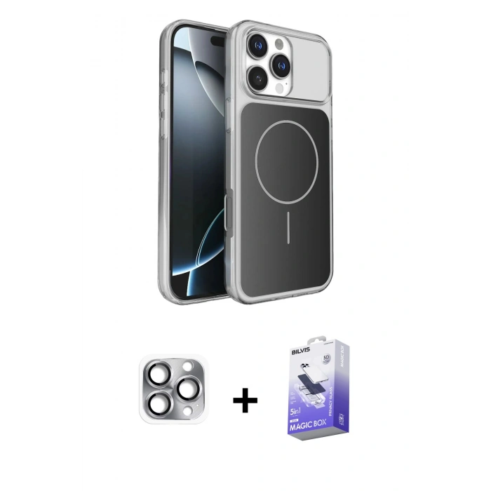 MARSİLYAN™- iPhone 16 Pro Max Kılıf Kutup Doku Serisi - Siyah Bilvis 5in1 5D Magic Hayalet Cam Ekran Koruyucu + Pers Alüminyum Kamera Lens - GI