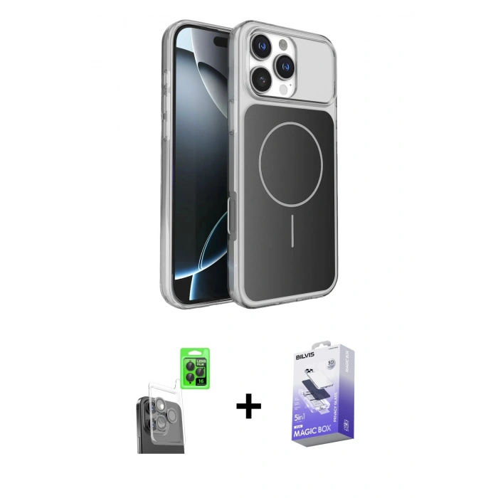 MARSİLYAN™- iPhone 16 Pro Max Kılıf Kutup Doku Serisi - Siyah Bilvis 5in1 5D Magic Hayalet Cam Ekran Koruyucu + Raze Metal Kamera Lens - SH
