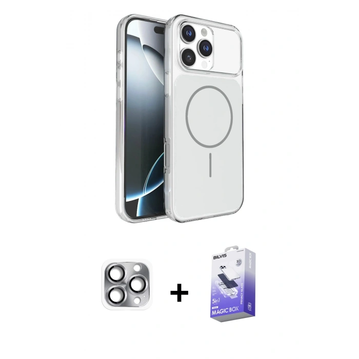MARSİLYAN™- iPhone 16 Pro Max Kılıf Kutup Doku Serisi - Siyah Bilvis 5in1 5D Magic Hayalet Cam Ekran Koruyucu + Pers Alüminyum Kamera Lens - GI