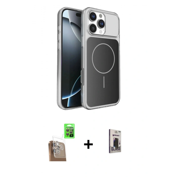 MARSİLYAN™- iPhone 16 Pro Max Kılıf Kutup Doku Serisi - Siyah Bilvis Hayalet Cam Ekran Koruyucu + Raze Metal Kamera Lens - CLTM