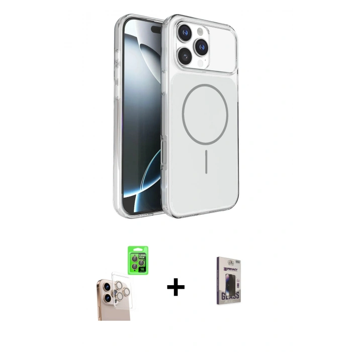 MARSİLYAN™- iPhone 16 Pro Max Kılıf Kutup Doku Serisi - Siyah Bilvis Hayalet Cam Ekran Koruyucu + Raze Metal Kamera Lens - NLGY
