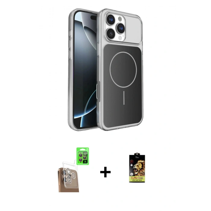 MARSİLYAN™- iPhone 16 Pro Max Kılıf Kutup Doku Serisi - Siyah Buffer Cam Ekran Koruyucu + Raze Metal Kamera Lens - CLTM