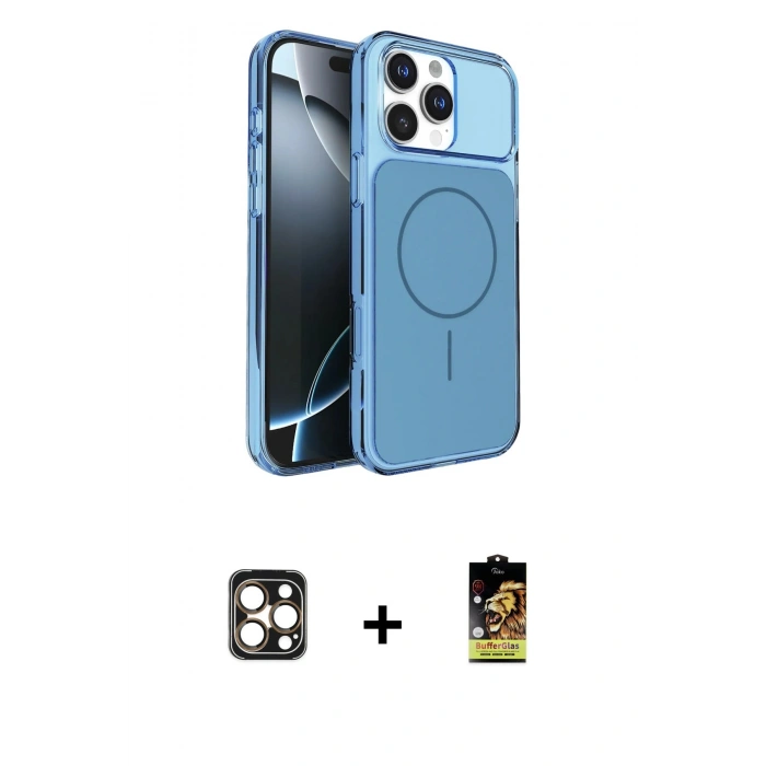 MARSİLYAN™- iPhone 16 Pro Max Kılıf Kutup Doku Serisi - Siyah Buffer Cam Ekran Koruyucu + PVD Metal Kamera Lens - GD