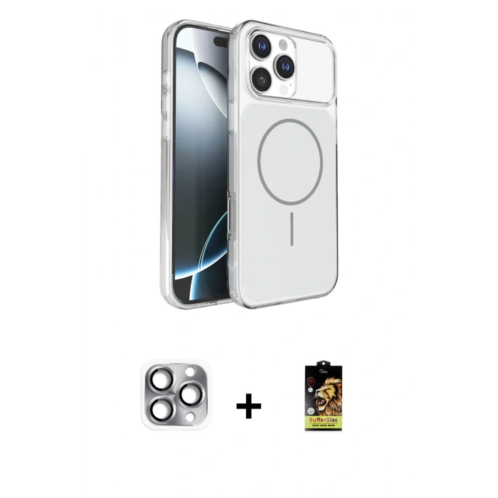MARSİLYAN™- iPhone 16 Pro Max Kılıf Kutup Doku Serisi - Siyah Buffer Cam Ekran Koruyucu + Gri Pers Alüminyum Kamera Lens