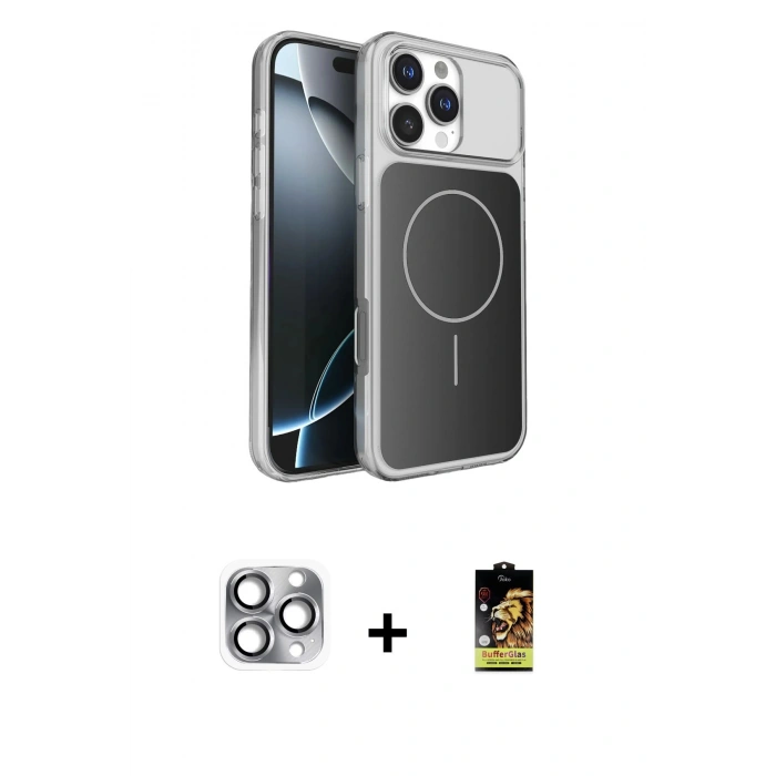 MARSİLYAN™- iPhone 16 Pro Max Kılıf Kutup Doku Serisi - Siyah Buffer Cam Ekran Koruyucu + Gri Pers Alüminyum Kamera Lens