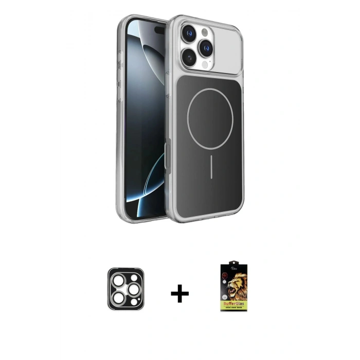 MARSİLYAN™- iPhone 16 Pro Max Kılıf Kutup Doku Serisi - Siyah Buffer Cam Ekran Koruyucu + PVD Metal Kamera Lens - GS