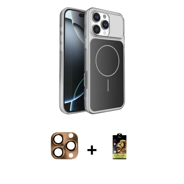 MARSİLYAN™- iPhone 16 Pro Max Kılıf Kutup Doku Serisi - Siyah Buffer Cam Ekran Koruyucu + Pers Alüminyum Kamera Lens - CLTM