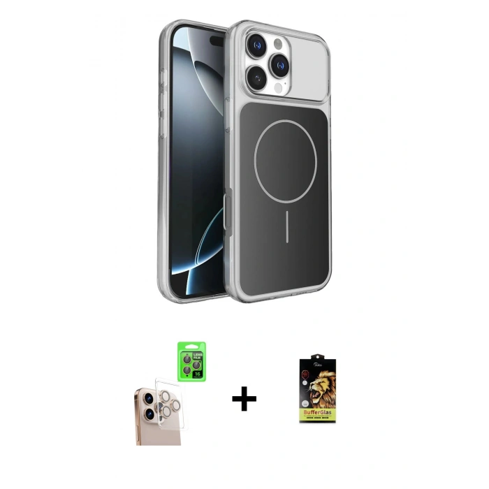 MARSİLYAN™- iPhone 16 Pro Max Kılıf Kutup Doku Serisi - Siyah Buffer Cam Ekran Koruyucu + Raze Metal Kamera Lens - NLGY