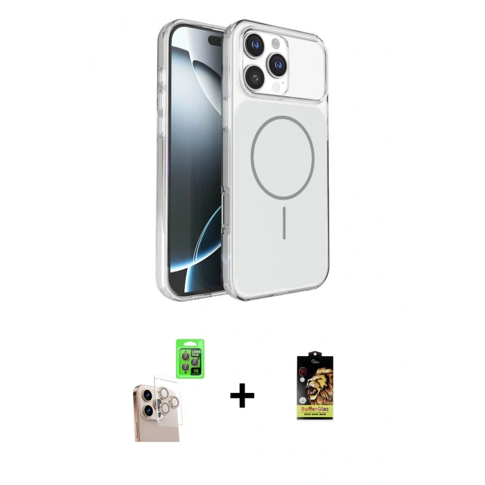 MARSİLYAN™- iPhone 16 Pro Max Kılıf Kutup Doku Serisi - Siyah Buffer Cam Ekran Koruyucu + Raze Metal Kamera Lens - NLGY