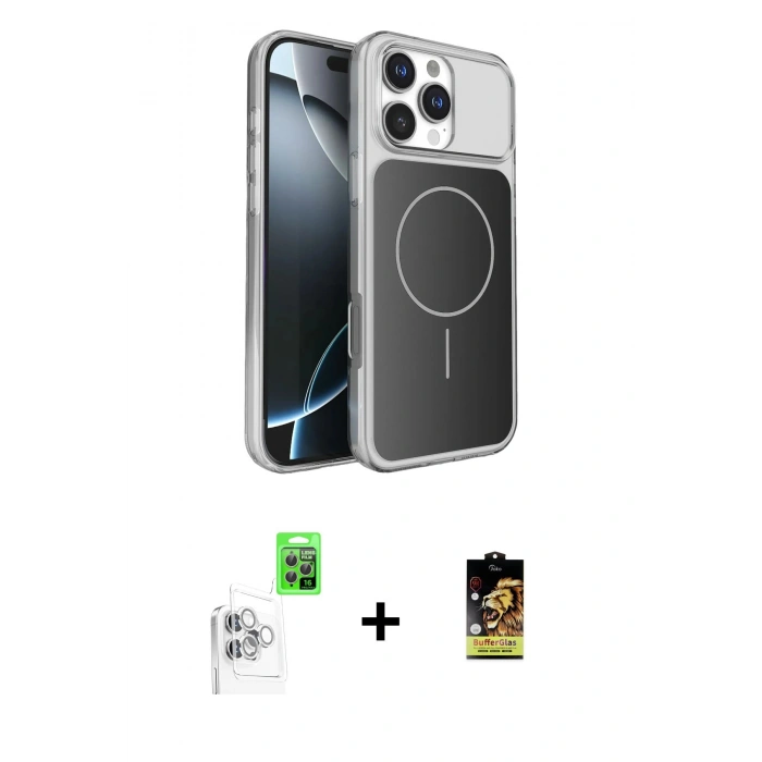 MARSİLYAN™- iPhone 16 Pro Max Kılıf Kutup Doku Serisi - Siyah Buffer Cam Ekran Koruyucu + Raze Metal Kamera Lens - BZ