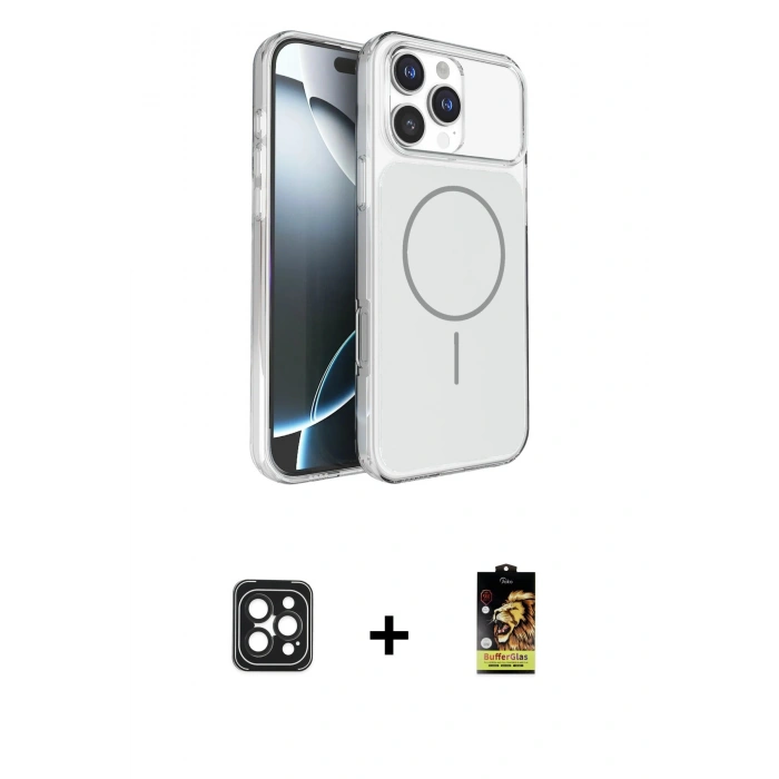 MARSİLYAN™- iPhone 16 Pro Max Kılıf Kutup Doku Serisi - Siyah Buffer Cam Ekran Koruyucu + Siyah PVD Metal Kamera Lens