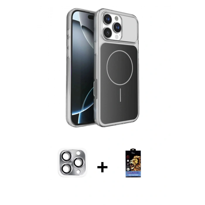 MARSİLYAN™- iPhone 16 Pro Max Kılıf Kutup Doku Serisi - Siyah Buffer Hayalet Cam Ekran Koruyucu + Gri Pers Alüminyum Kamera Lens