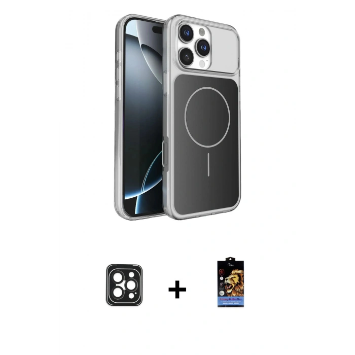 MARSİLYAN™- iPhone 16 Pro Max Kılıf Kutup Doku Serisi - Siyah Buffer Hayalet Cam Ekran Koruyucu + PVD Metal Kamera Lens - SH