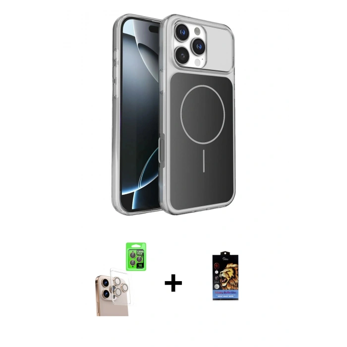 MARSİLYAN™- iPhone 16 Pro Max Kılıf Kutup Doku Serisi - Siyah Buffer Hayalet Cam Ekran Koruyucu + Raze Metal Kamera Lens - NLGY