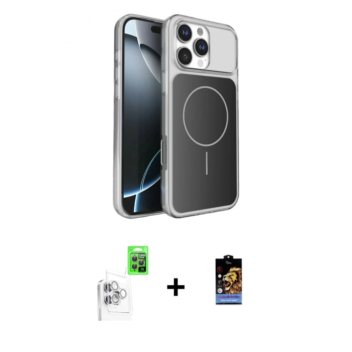 MARSİLYAN™- iPhone 16 Pro Max Kılıf Kutup Doku Serisi - Siyah Buffer Hayalet Cam Ekran Koruyucu + Raze Metal Kamera Lens - BZ