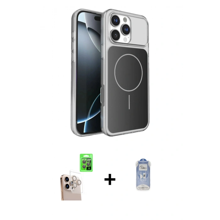 MARSİLYAN™- iPhone 16 Pro Max Kılıf Kutup Doku Serisi - Siyah Joko Magic 5D Cam + Natural Grey Raze Metal Kamera Lens