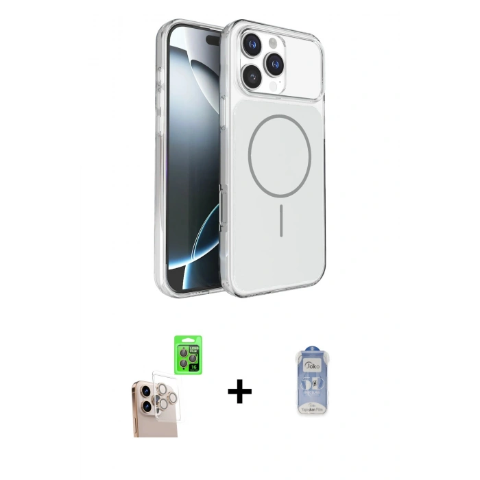 MARSİLYAN™- iPhone 16 Pro Max Kılıf Kutup Doku Serisi - Siyah Joko Magic 5D Cam + Natural Grey Raze Metal Kamera Lens