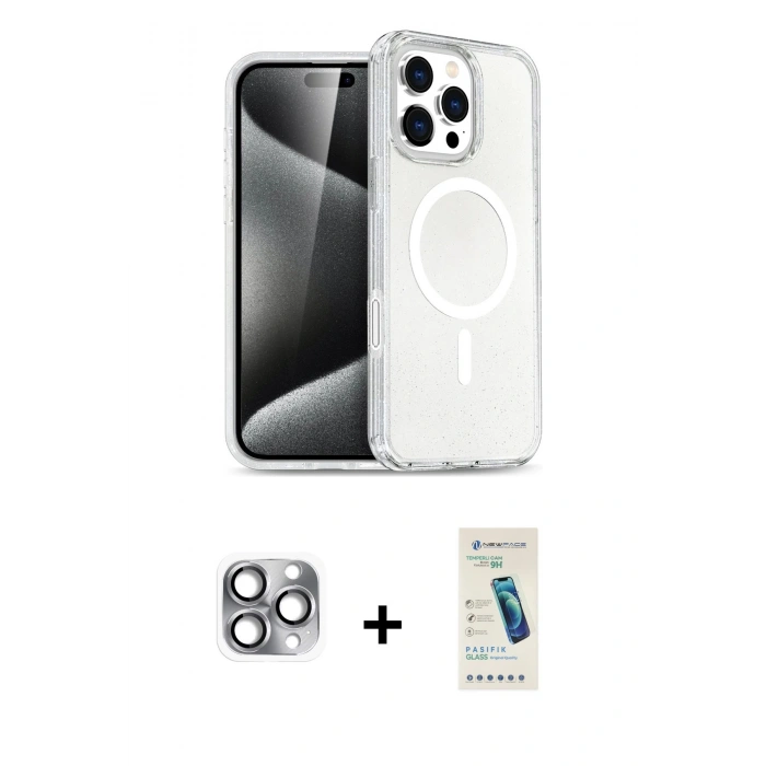 MARSİLYAN™- iPhone 16 Pro Max Kılıf Nova Asil Prime - Şeffaf Pasifik Cam Ekran Koruyucu + Gri Pers Alüminyum Kamera Lens