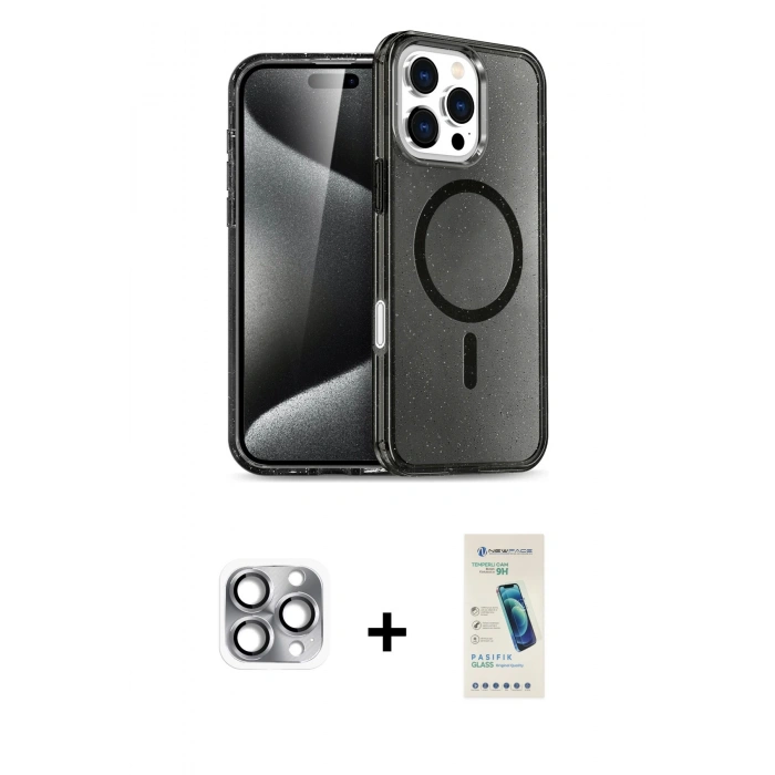 MARSİLYAN™- iPhone 16 Pro Max Kılıf Nova Asil Prime - Şeffaf Pasifik Cam Ekran Koruyucu + Gri Pers Alüminyum Kamera Lens