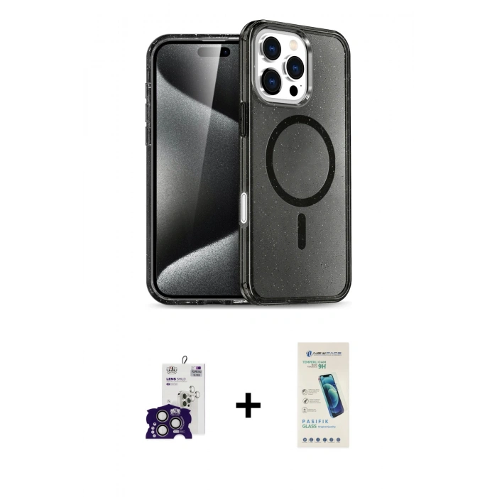 MARSİLYAN™- iPhone 16 Pro Max Kılıf Nova Asil Prime - Şeffaf Pasifik Cam Ekran Koruyucu + Titanyum Gri Bilvis Titan Kamera Lens