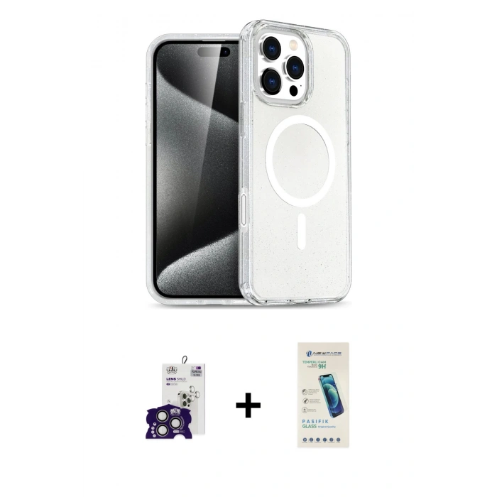 MARSİLYAN™- iPhone 16 Pro Max Kılıf Nova Asil Prime - Şeffaf Pasifik Cam Ekran Koruyucu + Titanyum Gri Bilvis Titan Kamera Lens