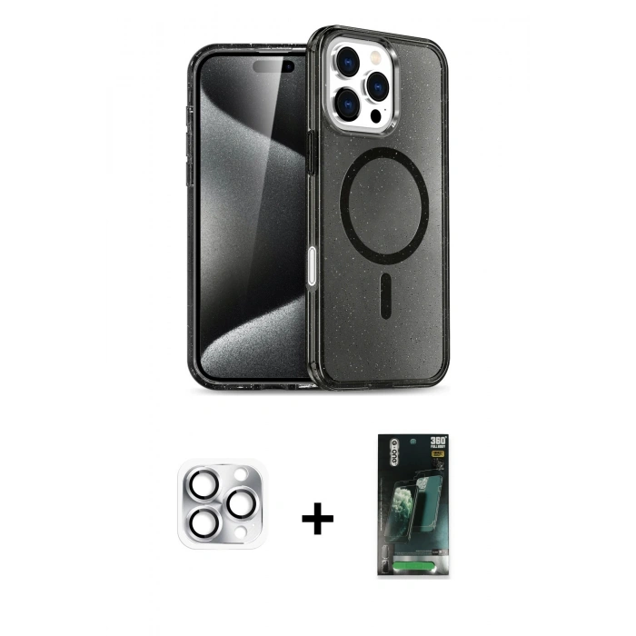 MARSİLYAN™- iPhone 16 Pro Max Kılıf Nova Asil Prime - Siyah 360 Mat Full Body Arka Koruyucu + Pers Alüminyum Kamera Lens - GS