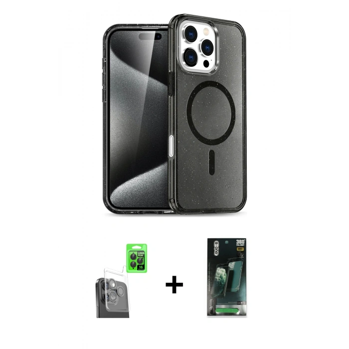 MARSİLYAN™- iPhone 16 Pro Max Kılıf Nova Asil Prime - Siyah 360 Mat Full Body Arka Koruyucu + Raze Metal Kamera Lens - SH