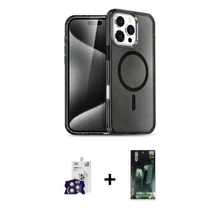 MARSİLYAN™- iPhone 16 Pro Max Kılıf Nova Asil Prime - Siyah 360 Mat Full Body Arka Koruyucu + Titanyum Gri Bilvis Titan Kamera Lens