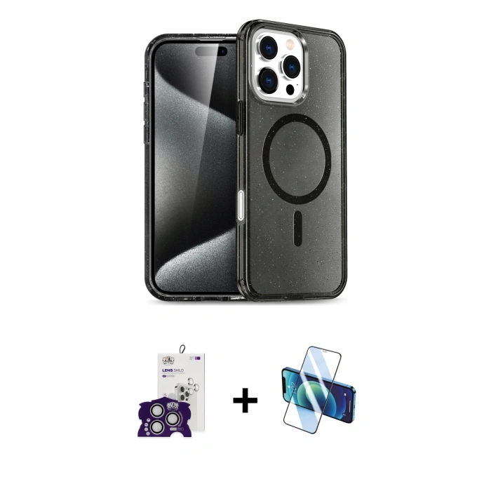 MARSİLYAN™- iPhone 16 Pro Max Kılıf Nova Asil Prime - Siyah 3D Antistatik Cam Ekran Koruyucu + Bilvis Titan Kamera Lens - GS