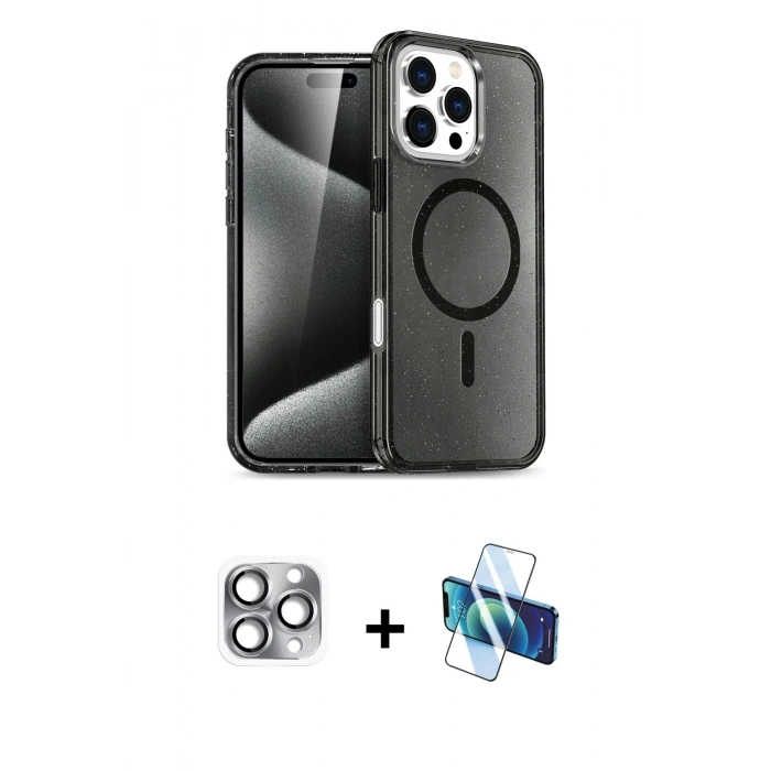 MARSİLYAN™- iPhone 16 Pro Max Kılıf Nova Asil Prime - Siyah 3D Antistatik Cam Ekran Koruyucu + Pers Alüminyum Kamera Lens - GI