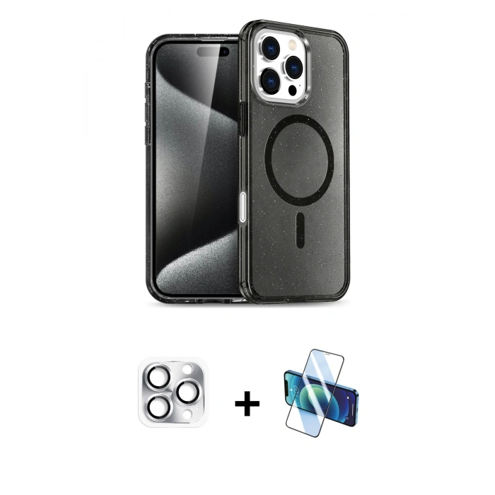 MARSİLYAN™- iPhone 16 Pro Max Kılıf Nova Asil Prime - Siyah 3D Antistatik Cam Ekran Koruyucu + Pers Alüminyum Kamera Lens - GS
