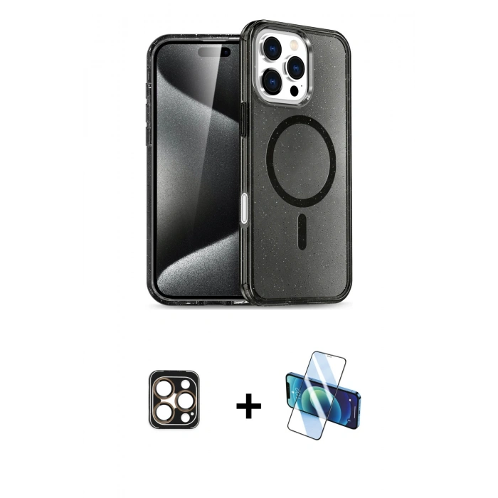 MARSİLYAN™- iPhone 16 Pro Max Kılıf Nova Asil Prime - Siyah 3D Antistatik Cam Ekran Koruyucu + PVD Metal Kamera Lens - GD