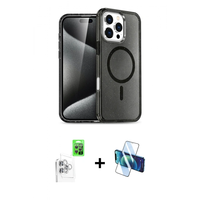 MARSİLYAN™- iPhone 16 Pro Max Kılıf Nova Asil Prime - Siyah 3D Antistatik Cam Ekran Koruyucu + Raze Metal Kamera Lens - BZ