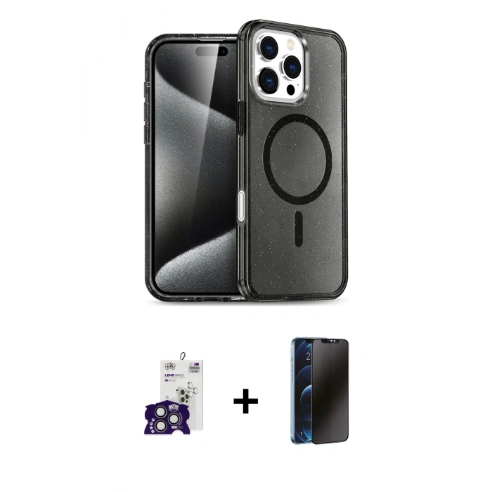 MARSİLYAN™- iPhone 16 Pro Max Kılıf Nova Asil Prime - Siyah 3D Antistatik Hayalet Cam Ekran Koruyucu + Bilvis Titan Kamera Lens - TMGI
