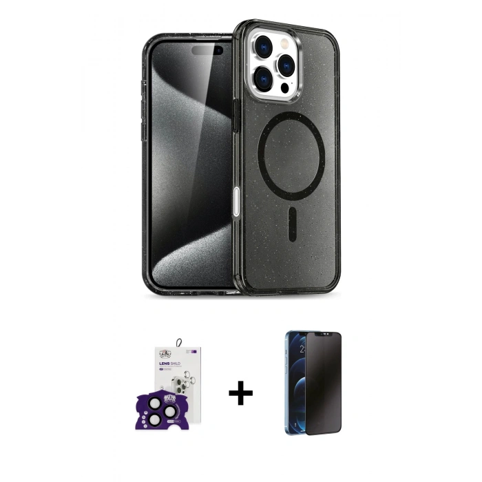 MARSİLYAN™- iPhone 16 Pro Max Kılıf Nova Asil Prime - Siyah 3D Antistatik Hayalet Cam Ekran Koruyucu + Bilvis Titan Kamera Lens - SH