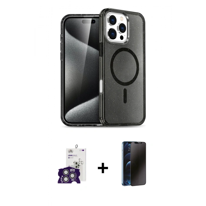 MARSİLYAN™- iPhone 16 Pro Max Kılıf Nova Asil Prime - Siyah 3D Antistatik Hayalet Cam Ekran Koruyucu + Bilvis Titan Kamera Lens - GS