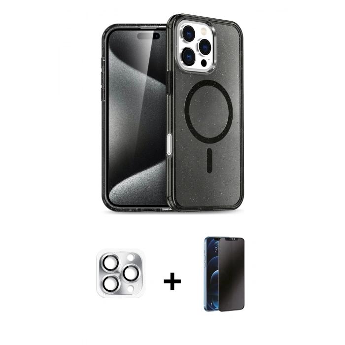 MARSİLYAN™- iPhone 16 Pro Max Kılıf Nova Asil Prime - Siyah 3D Antistatik Hayalet Cam Ekran Koruyucu + Pers Alüminyum Kamera Lens - GS