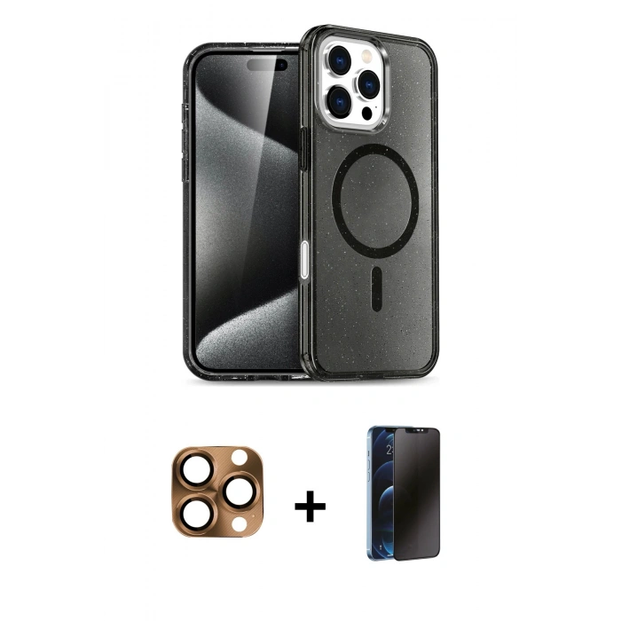 MARSİLYAN™- iPhone 16 Pro Max Kılıf Nova Asil Prime - Siyah 3D Antistatik Hayalet Cam Ekran Koruyucu + Pers Alüminyum Kamera Lens - CLTM