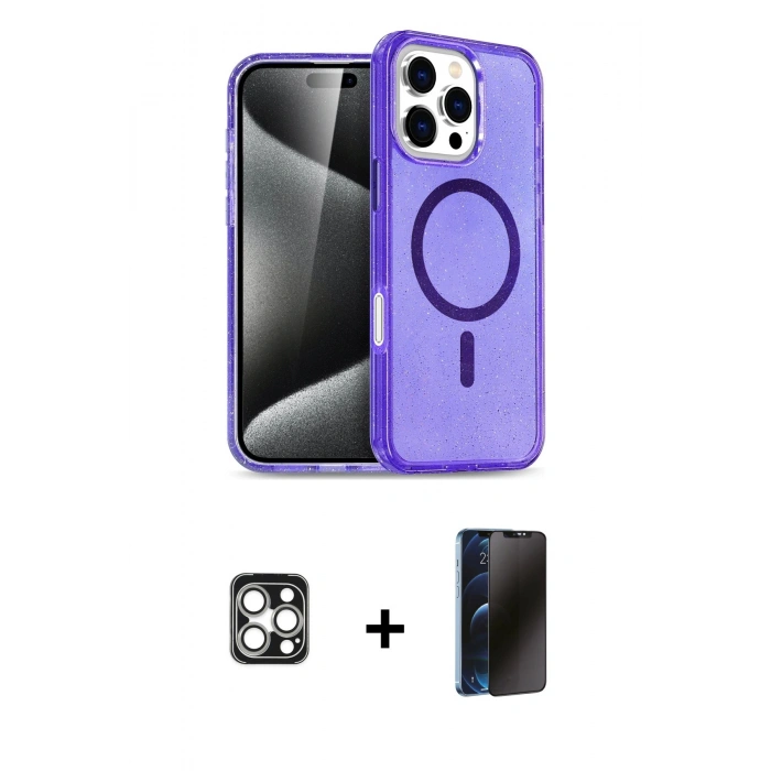 MARSİLYAN™- iPhone 16 Pro Max Kılıf Nova Asil Prime - Siyah 3D Antistatik Hayalet Cam Ekran Koruyucu + PVD Metal Kamera Lens - GS