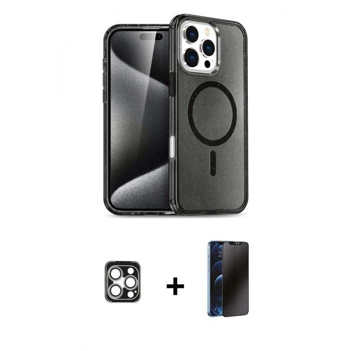 MARSİLYAN™- iPhone 16 Pro Max Kılıf Nova Asil Prime - Siyah 3D Antistatik Hayalet Cam Ekran Koruyucu + PVD Metal Kamera Lens - GS