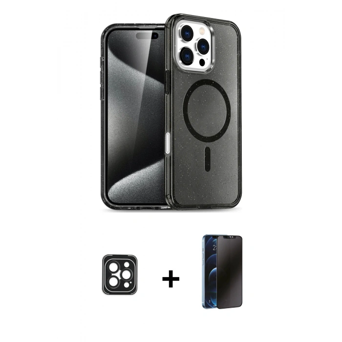 MARSİLYAN™- iPhone 16 Pro Max Kılıf Nova Asil Prime - Siyah 3D Antistatik Hayalet Cam Ekran Koruyucu + PVD Metal Kamera Lens - SH