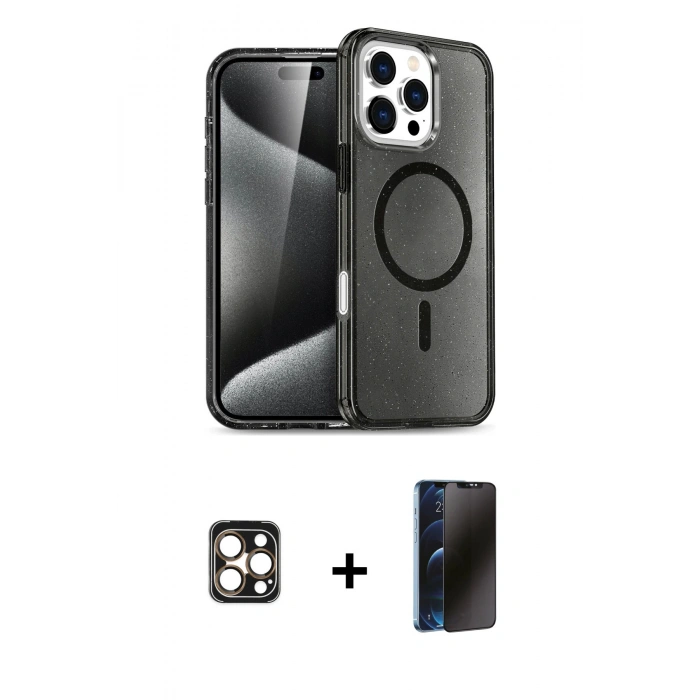 MARSİLYAN™- iPhone 16 Pro Max Kılıf Nova Asil Prime - Siyah 3D Antistatik Hayalet Cam Ekran Koruyucu + PVD Metal Kamera Lens - GD