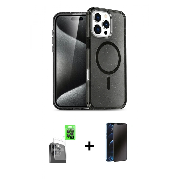 MARSİLYAN™- iPhone 16 Pro Max Kılıf Nova Asil Prime - Siyah 3D Antistatik Hayalet Cam Ekran Koruyucu + Raze Metal Kamera Lens - SH