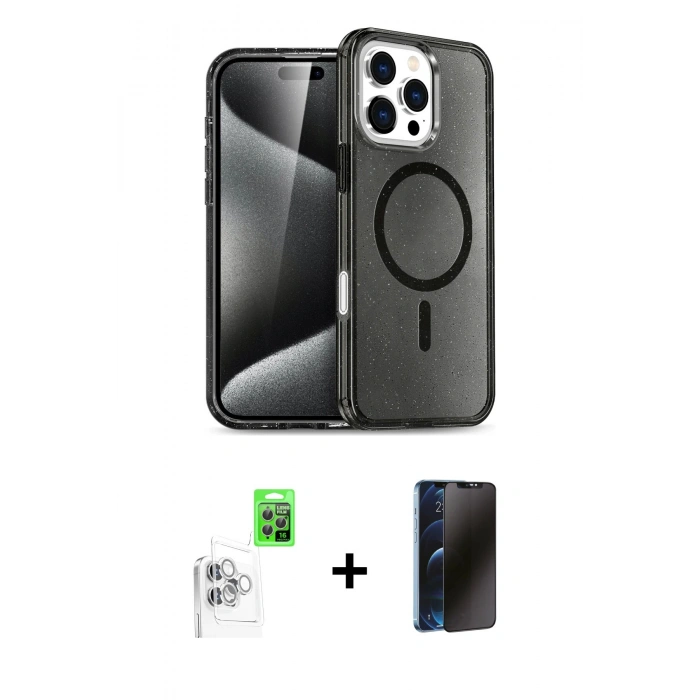 MARSİLYAN™- iPhone 16 Pro Max Kılıf Nova Asil Prime - Siyah 3D Antistatik Hayalet Cam Ekran Koruyucu + Raze Metal Kamera Lens - BZ