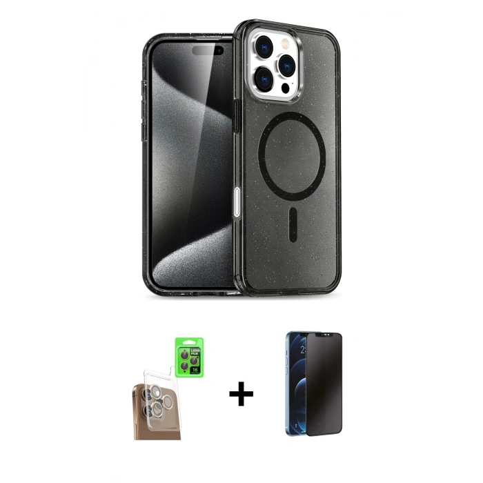 MARSİLYAN™- iPhone 16 Pro Max Kılıf Nova Asil Prime - Siyah 3D Antistatik Hayalet Cam Ekran Koruyucu + Raze Metal Kamera Lens - CLTM