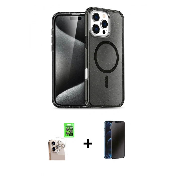 MARSİLYAN™- iPhone 16 Pro Max Kılıf Nova Asil Prime - Siyah 3D Antistatik Hayalet Cam Ekran Koruyucu + Raze Metal Kamera Lens - NLGY