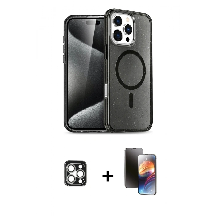 MARSİLYAN™- iPhone 16 Pro Max Kılıf Nova Asil Prime - Siyah 3D Antistatik Mat Seramik Nano Ekran Koruyucu + Gümüş PVD Metal Kamera Lens
