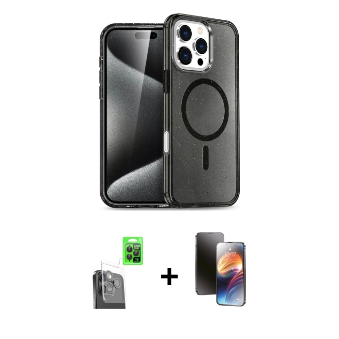 MARSİLYAN™- iPhone 16 Pro Max Kılıf Nova Asil Prime - Siyah 3D Antistatik Mat Seramik Nano Ekran Koruyucu + Raze Metal Kamera Lens - SH