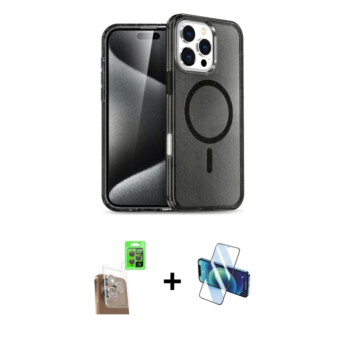 MARSİLYAN™- iPhone 16 Pro Max Kılıf Nova Asil Prime - Siyah 3D Antistatik Seramik Nano Ekran Koruyucu + Çöl Titanyum Raze Metal Kamera Lens