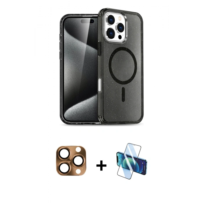 MARSİLYAN™- iPhone 16 Pro Max Kılıf Nova Asil Prime - Siyah 3D Antistatik Seramik Nano Ekran Koruyucu + Pers Alüminyum Kamera Lens - CLTM